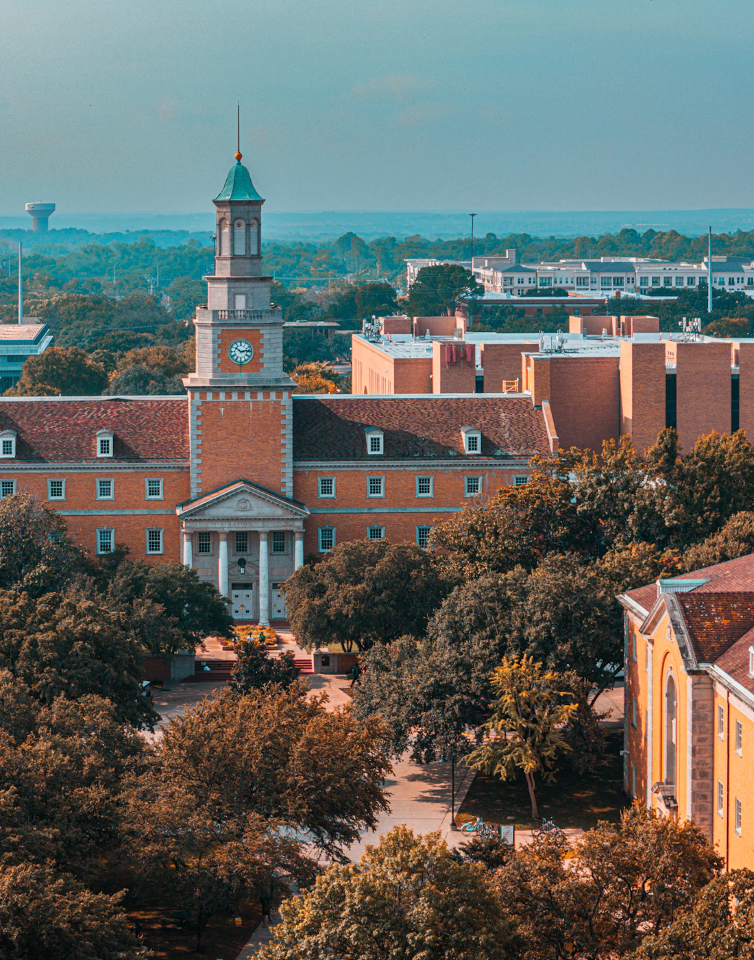 A campus seen from above at golden hour