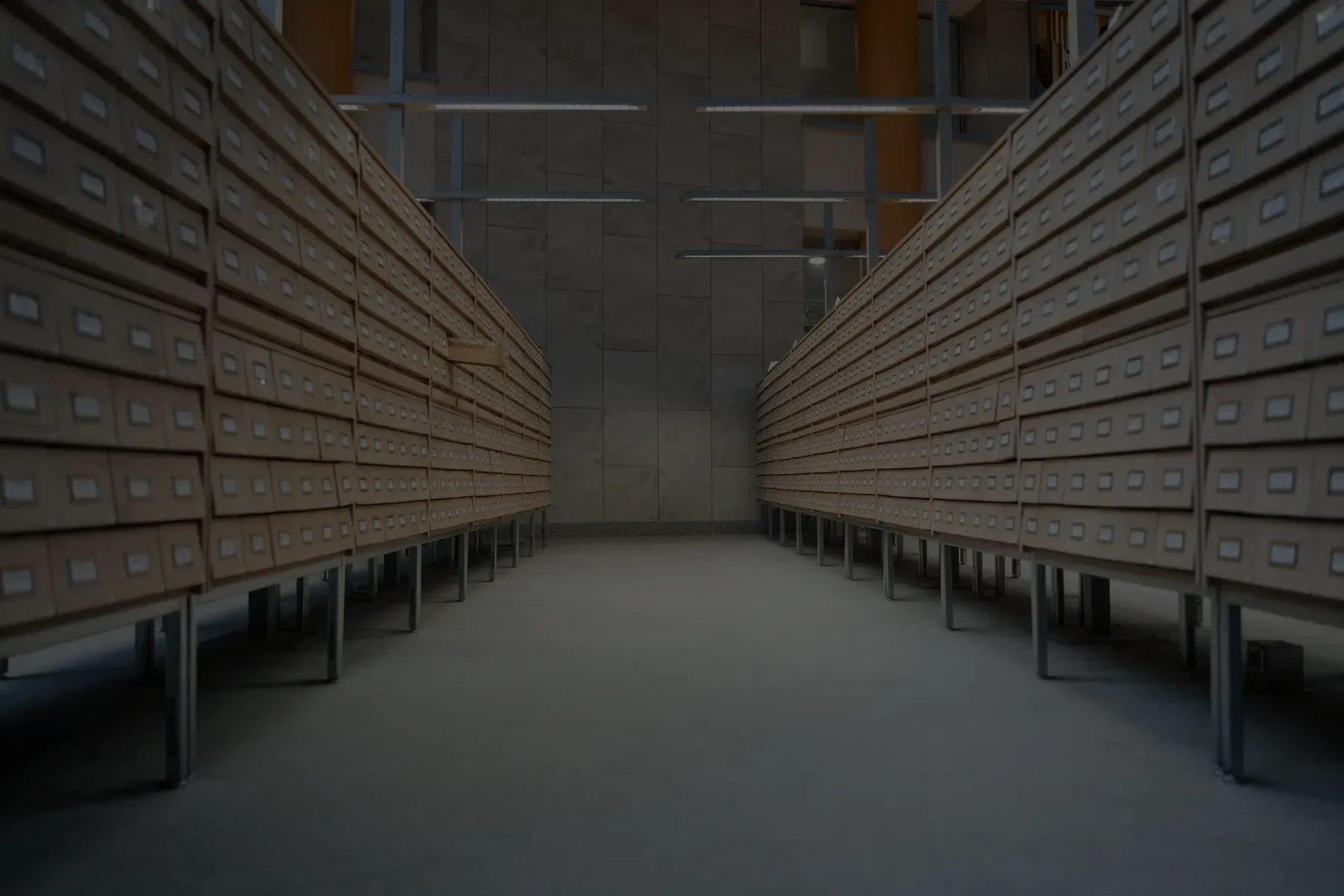 An archive room, rows of drawers receding to a far wall